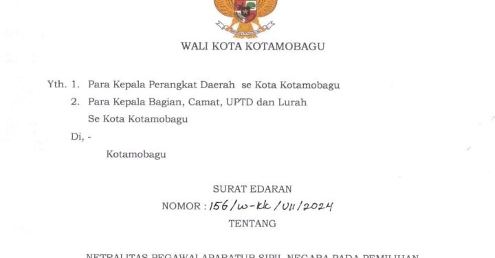 Jelang Pilkada PJ Wali Kota Kotamobagu Keluarkan Surat Edaran Netralitas Seorang ASN
