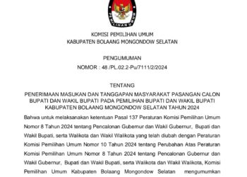 KPU Bolsel Umumkan Penerima Tanggapan Masyarakat untuk Pasangan Calon Bupati dan Wabup Bolsel 2024