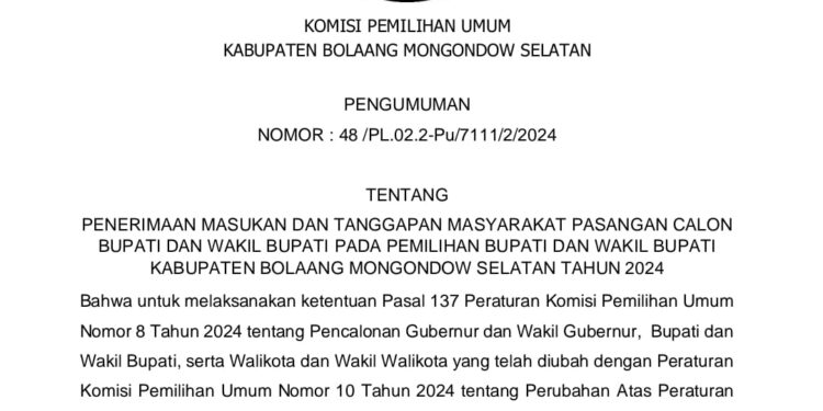 KPU Bolsel Umumkan Penerima Tanggapan Masyarakat untuk Pasangan Calon Bupati dan Wabup Bolsel 2024