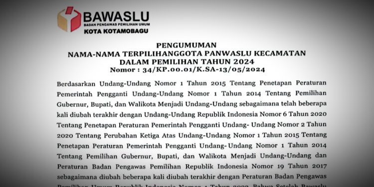 Bawaslu Kotamobagu Tetapkan 12 Panwascam untuk Pilkada 2024